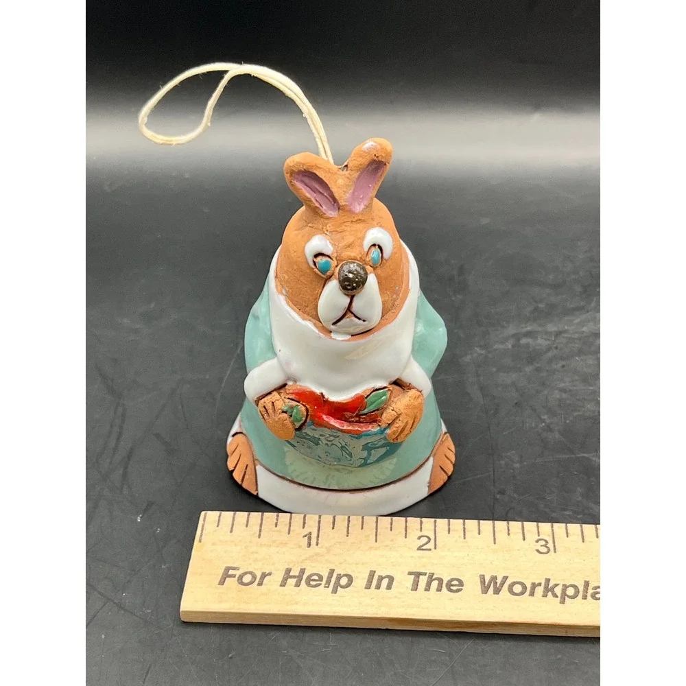 Vtg. Clay Glazed Pottery Bunny Rabbit Figurine Bell Ornament Teal Fruit‎ 3.25